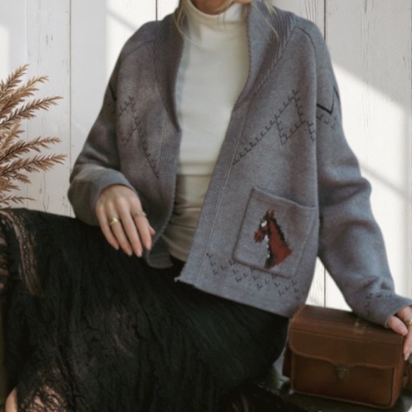 Gray Horse Western Knit Shawl Collar Relaxed Fit Cardigan Sweater Fall Winter - Picture 2 of 3